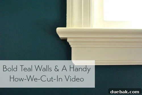 Bold dark teal walls in guest room, showing the vibrant new paint color.