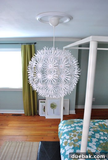 IKEA Maskros lamp from a lower angle in the bedroom