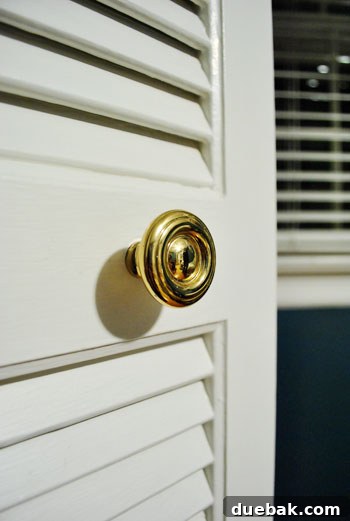 Original brass closet door pull in the guest room, before being replaced with a more decorative and personalized hardware choice.