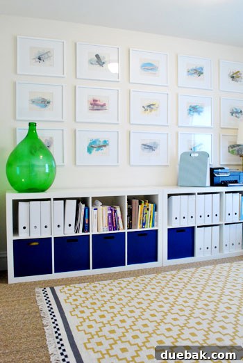Playroom wall with meaningful vintage watercolor plane prints
