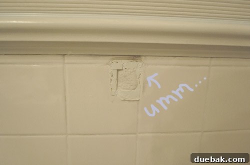 Clever Trim Tricks for Damaged Tiles 4 Tile damage after towel bar removal, showing inset holes