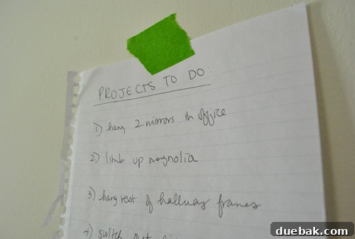 Reflect Your Ideas DIY Mirror Whiteboards 4 Close-up of outdated paper list with 'limb up the magnolia' still visible