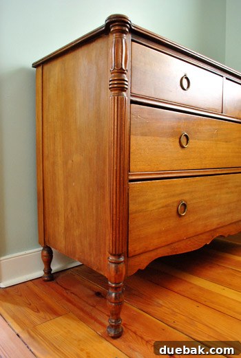 Side view of the vintage dresser in the bedroom
