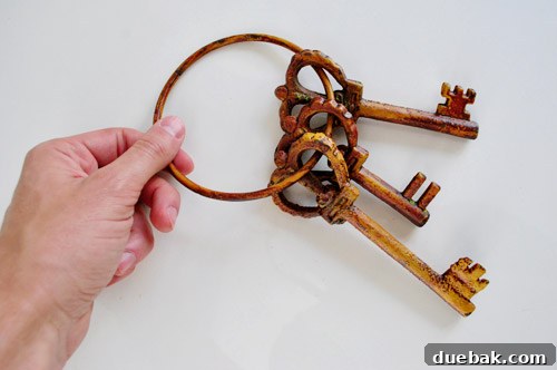 A set of oversized decorative antique keys, purchased for a home decor project.