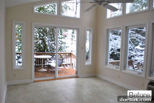 Original sunroom on move-in day, showing its modern style compared to the older house