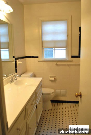 Hall bathroom on move-in day, showing vintage tile and original features