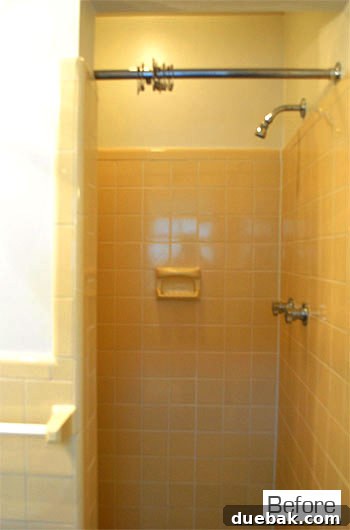Another before view of the guest bathroom, showing its vintage tile and dated look