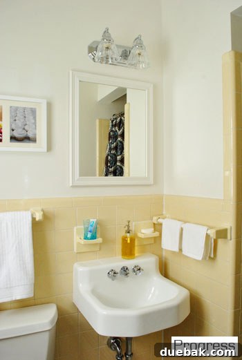 Another view of the renovated guest bathroom, showing the graphic bath mat