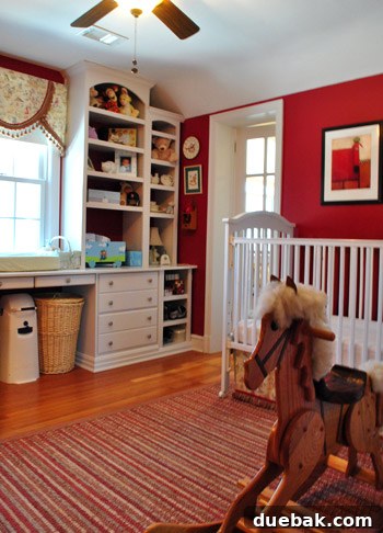 Son's bedroom with custom floor-to-ceiling built-in shelves and a handmade rocking horse