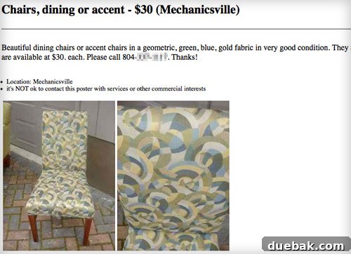 Score Affordable Dining Chairs on Craigslist 2 Close-up of a single Parsons chair with unique green and blue swirl fabric