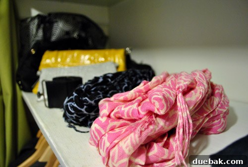 Organized scarves, belts, clutches, and purses on a closet shelf