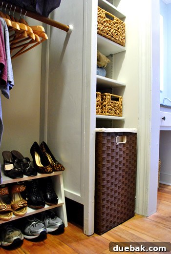 Organized cubbies in a closet with storage baskets