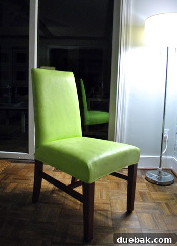 Transform Your Upholstery With Fabric Paint Medium 12 Newly painted apple green dining chair drying in the living room
