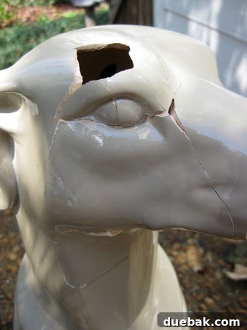 Frontal shot of the ceramic dog, showing the rough, uneven appearance post-glue