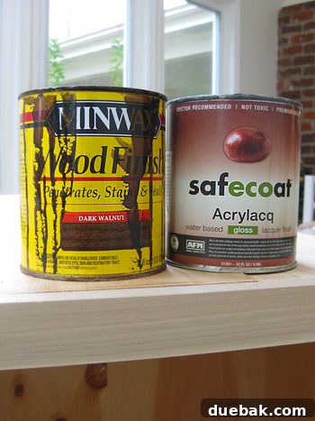 Minwax Dark Walnut stain and Safecoat Acrlacq for eco-friendly wood finishing