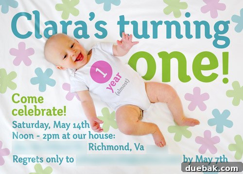 Crafting Memorable First Birthday Invitations 7 Final invitation design showing baby Clara on fabric with party details and asterisks.