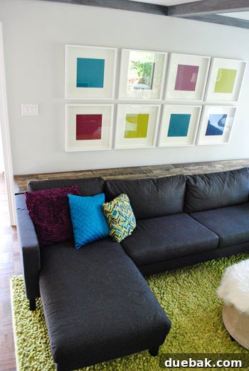 Console table from a different angle, emphasizing its rustic charm and the balance it brings to the living room.