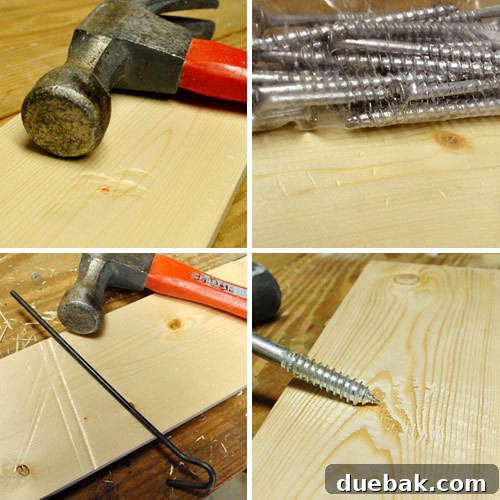 Various tools and objects used to distress wood boards, creating an aged and worn appearance for the console table.
