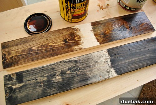 Various stain color options applied to new wood boards, demonstrating results using Minwax Dark Walnut and Ebony stain colors for an aged effect.