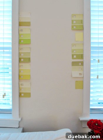 Gift the Canvas of Imagination 11 Paint swatches taped to a wall, showing green color options for the living room.
