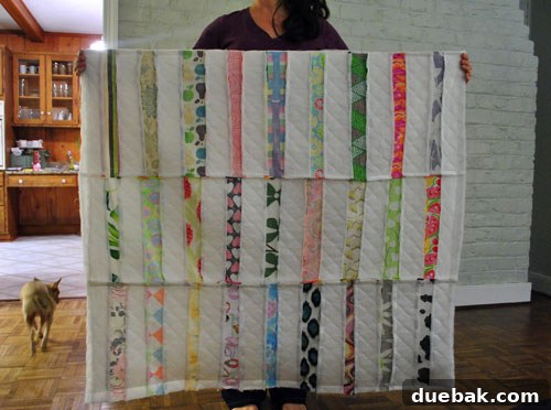 Back of quilt top with a chihuahua in the foreground