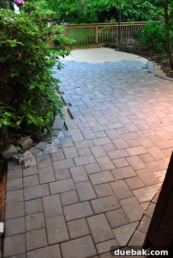 Progress shot of the patio with many whole pavers laid, awaiting cuts for the edges