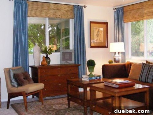 Front room after transformation: vibrant blue curtains, bamboo blinds, stylish decor