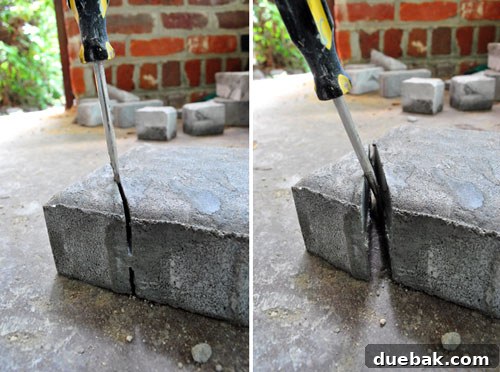 DIY Paver Patio: Transform Your Backyard 7 Breaking cut pavers with a hammer and screwdriver