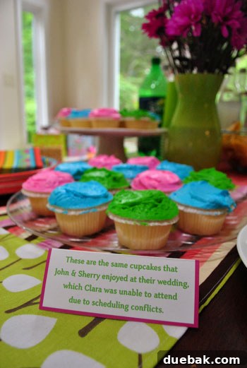 Three dozen cupcakes from Ukrops bakery, with a label connecting them to the hosts' wedding.
