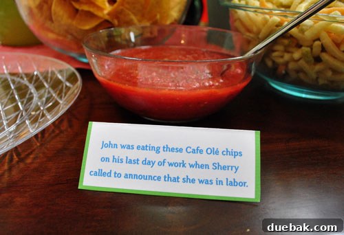 Cafe Olé chips and salsa with a card explaining their special meaning related to Clara's birth.
