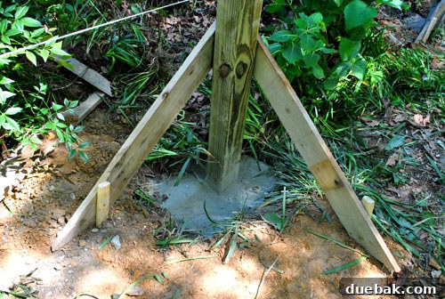 Crafting Your Perfect Property Border 10 Makeshift wooden braces supporting a fence post to keep it stable as the concrete sets