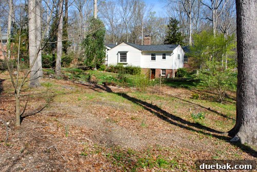 Outdoor Progress: A Guided Tour 7 A dry, brown backyard with sparse vegetation, indicative of early spring or late winter conditions upon moving in