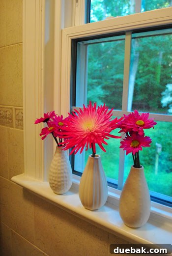 Elegant single stem bright pink flower in a tall, slender glass vase