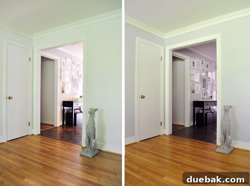 Moonshine by Benjamin Moore: The Serene Light Gray You've Been Searching For 6 Side-by-side comparison of a dining room, showcasing the subtle yet crisp transformation after being painted in a soft gray color, highlighting architectural details.