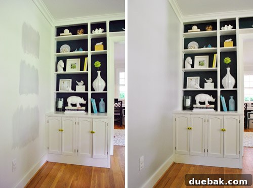 Moonshine by Benjamin Moore: The Serene Light Gray You've Been Searching For 8 Interior view of a dining room with newly painted soft gray walls, highlighting built-in shelving and architectural details, awaiting further decor.
