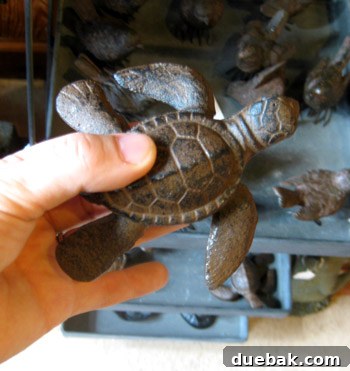 A small, charming iron sea turtle figurine, a keepsake purchased from the Antique Mall.