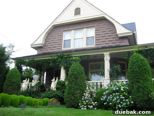A unique house in Lewes featuring gargoyles guarding the hydrangeas in its garden, showcasing distinctive architectural details.
