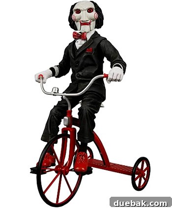 The newly acquired vintage tricycle, juxtaposed with the eerie likeness of the tricycle from the 'Saw' horror film series.