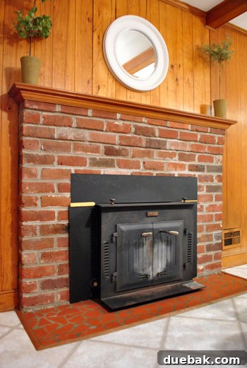 The removed wood stove sitting on a piece of cardboard in the dining room