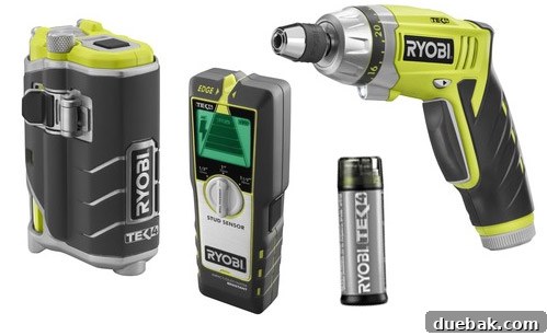 Ryobi TEK4 Cordless Tool Set featuring Self-Leveling Plumb/Cross Laser, Professional Stud Sensor, and Compact Drill/Driver