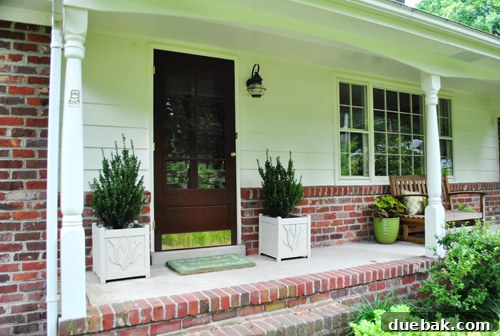 Hardy evergreen shrubs flanking the front door in planters