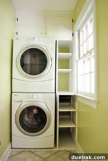 Finished custom built-in shelves in laundry room