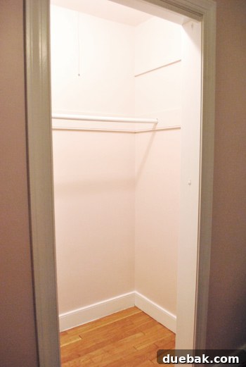 Newly painted soft gray-pink walls inside Clara's nursery closet, ready for decorative treatment
