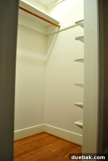 Clara's closet with existing adjustable shelves before painting