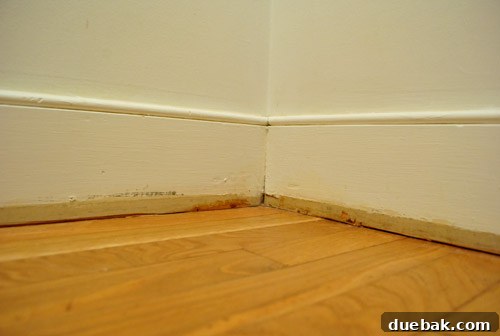 Close-up of dirty and worn baseboards inside Clara's closet, showing need for renovation