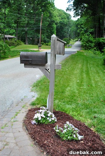 Mailbox before oil-rubbed bronze spray paint application, showing wear