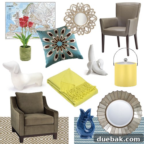 A curated selection of home decor items including pillows, vases, and decorative objects