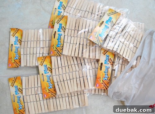 Close-up of clothespins ready for attachment