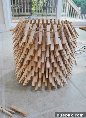 Completed zig-zag clothespin pattern on the chandelier