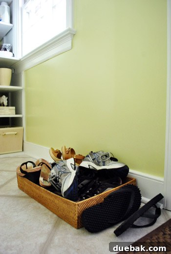 Laundry room shoe clutter before organization